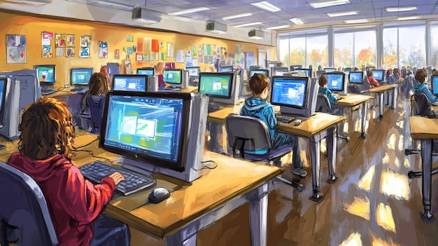 Photo create an image of the schools computer lab featuring rows of computers desks and students worki