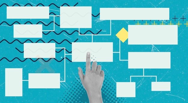 Photo creating a flowchart using digital tools on a blue background with hand gestures in a modern workspace