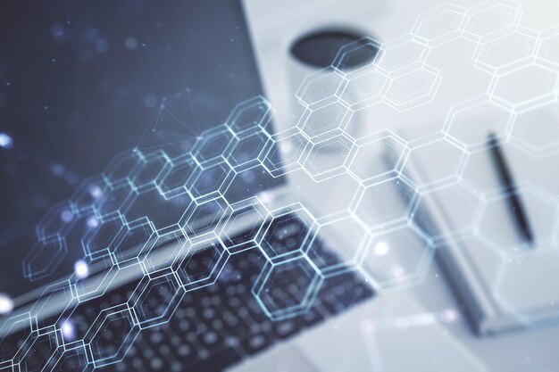 Photo creative abstract wireless technology hologram with hexagon on modern computer background artificial intelligence and machine learning concept multi exposure