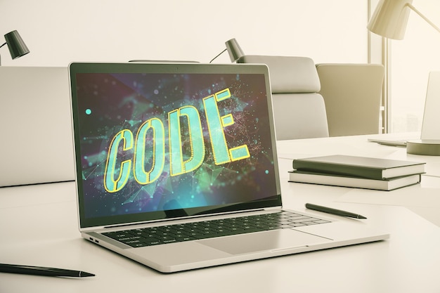 Photo creative code word hologram on modern computer monitor artificial intelligence and neural networks concept 3d rendering