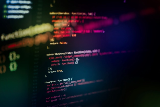 Photo css, javascript and html usage. monitor closeup of function source code. abstract it technology background. software source code.