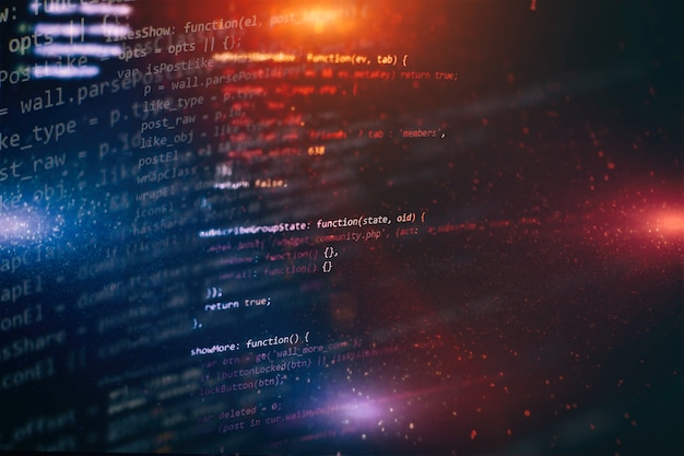 Photo css, javascript and html usage. monitor closeup of function source code. abstract it technology background. software source code.