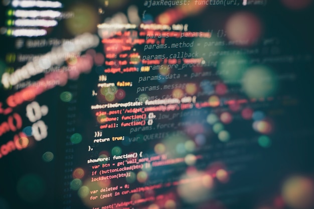 Photo css, javascript and html usage. monitor closeup of function source code. abstract it technology background. software source code.