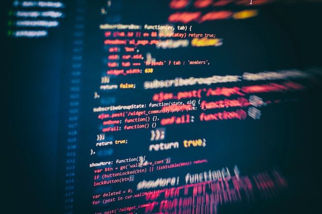 Photo css, javascript and html usage. monitor closeup of function source code. abstract it technology background. software source code.