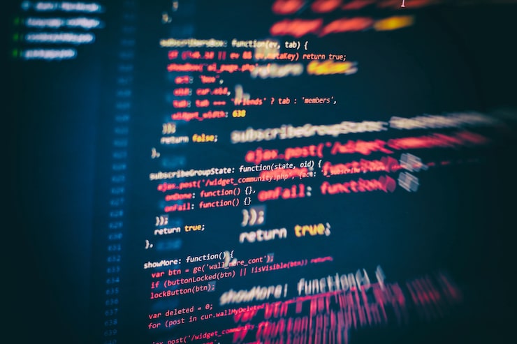 CSS, JavaScript and HTML usage. Monitor closeup of function source code. Abstract IT technology background. Software source code.
