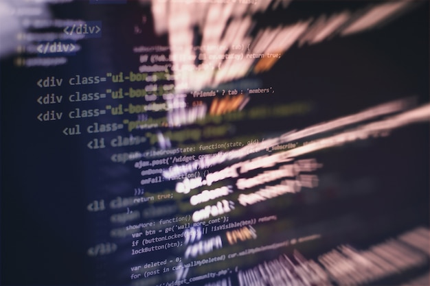 Photo css, javascript and html usage. monitor closeup of function source code. abstract it technology background. software source code.
