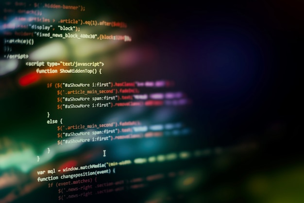 Photo css, javascript and html usage. monitor closeup of function source code. abstract it technology background. software source code.