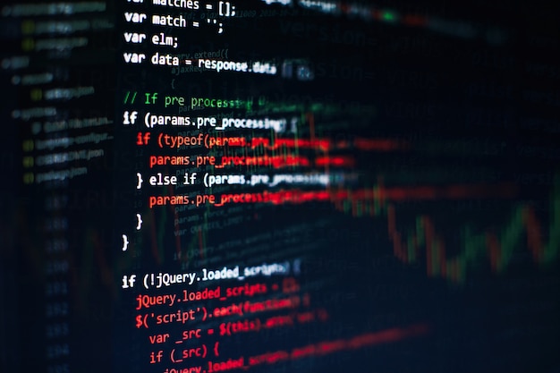 Photo css, javascript and html usage. monitor closeup of function source code. abstract it technology background. software source code.