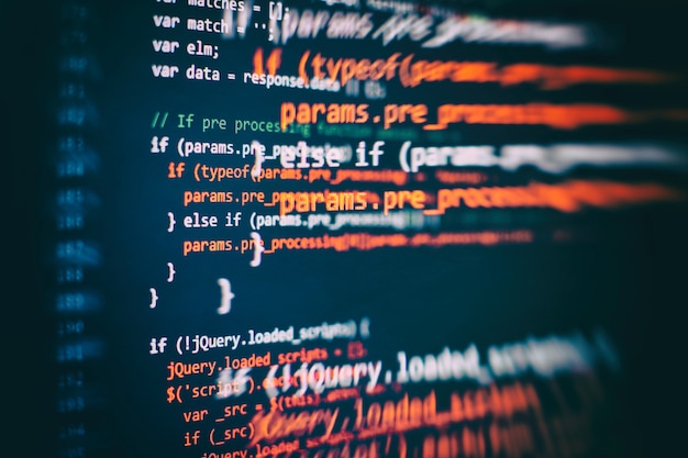 Photo css, javascript and html usage. monitor closeup of function source code. abstract it technology background. software source code.