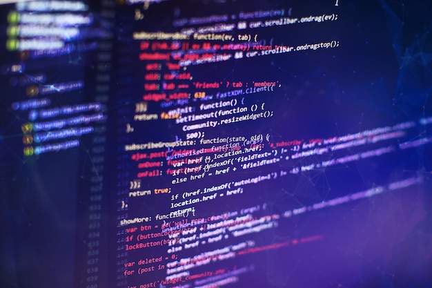 Photo css, javascript and html usage. monitor closeup of function source code. abstract it technology background. software source code.