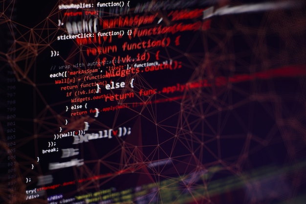 Photo css, javascript and html usage. monitor closeup of function source code. abstract it technology background. software source code.