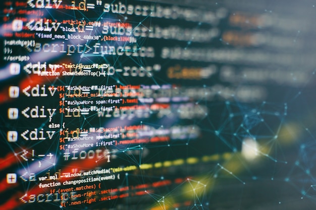 Photo css, javascript and html usage. monitor closeup of function source code. abstract it technology background. software source code.