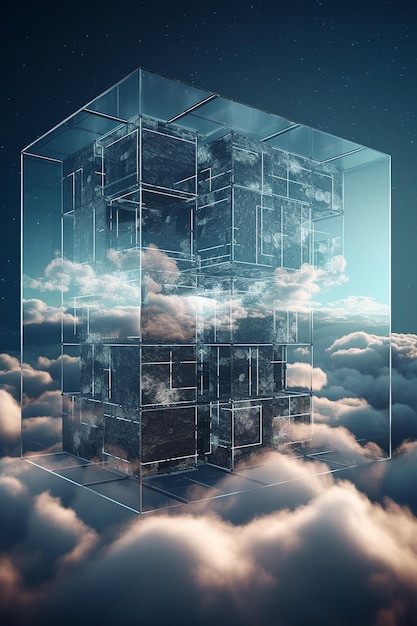 Photo a cube tower is surrounded by clouds and the sky is blue.