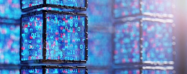 Photo cube with binary code abstract tech background abstract space background digital technology background computer code digital technology background blockchain network data stream 3d rendering