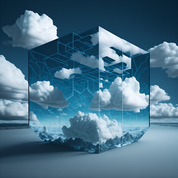 Photo a cube with clouds and water on it
