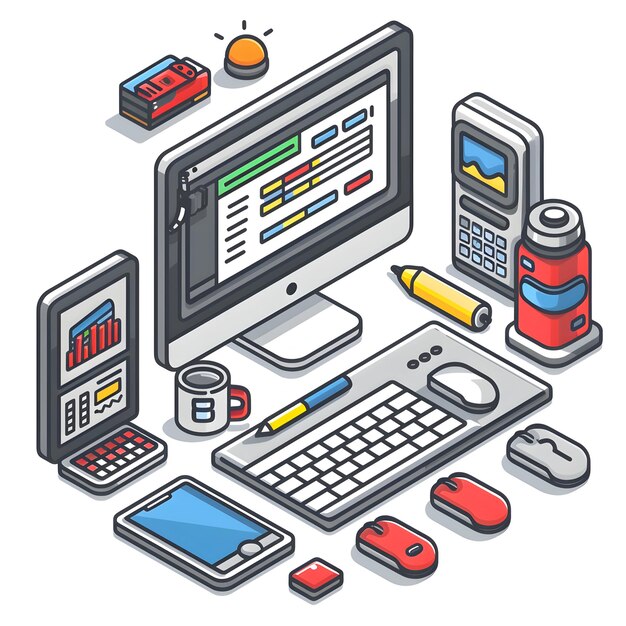 Photo customizable 3d flat icon programming dashboard and coding workflow with blank area for branding