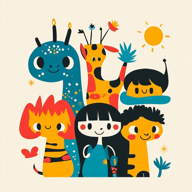 Photo cute cartoon animal friends illustration