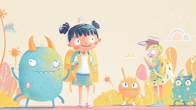 Photo cute cartoon illustration of a girl and her three monster friends the girl is smiling and has her arm around one of the monsters