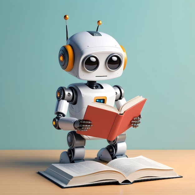Photo cute robot reading a book and gaining knowledge