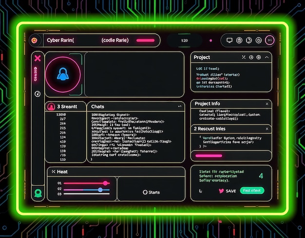 Photo cyber layout for a coding streamer with neon colors circuit board code sn game interface designi