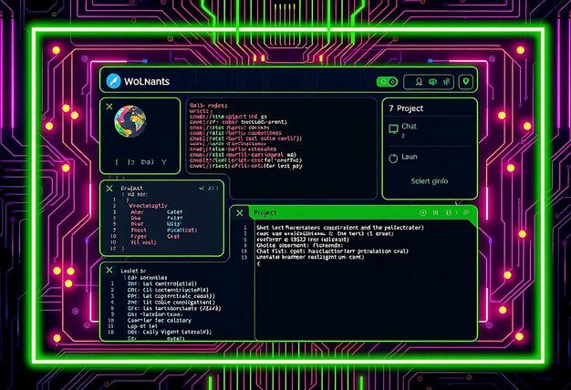 Photo cyber layout for a coding streamer with neon colors circuit board code sn game interface designi