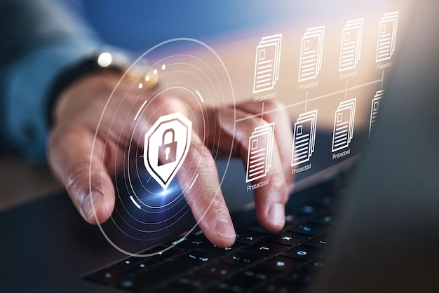 Photo cyber security hand and document encryption on laptop with hologram and safety lock icon person with tech for privacy hacking and access control shield programming for info database or archive