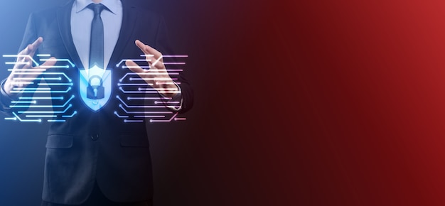 Photo cyber security network. padlock icon and internet technology networking. businessman protecting data