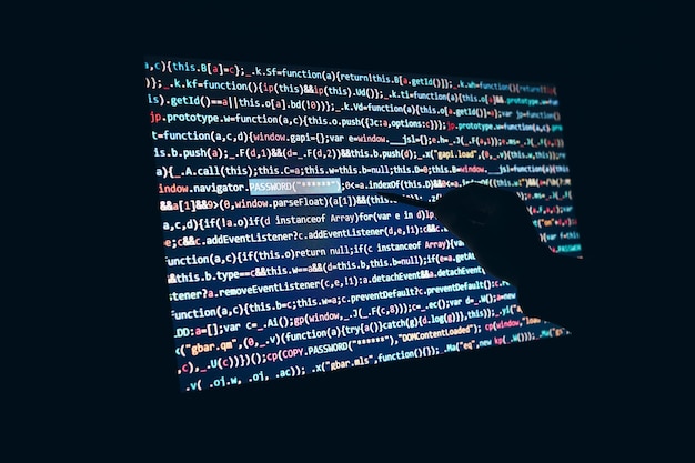 Photo cyber security screen with program code using computer and programming to break code cyber attack