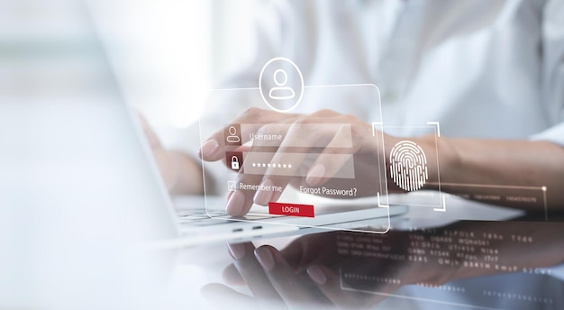 Photo cybersecurity data protection concept computer user privacy security and data encryption verify password or biometric identification for secure internet access