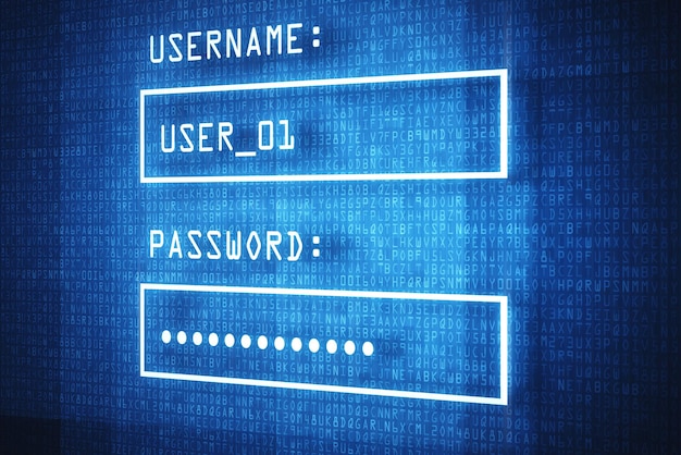 Photo cybersecurity password or login information on a screen for access to an online technology database computer safe or secure and user interface with autofill saved data in a bar for cloud computing