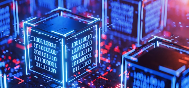 Photo data block blockchain artificial intelligence big data abstract technical background cube with binary code hacker attack computer code binary code digital technologies ai 3d rendering