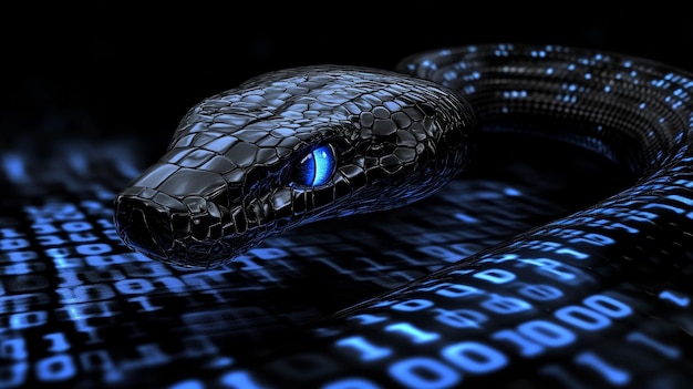 Photo data manipulation and python programming are symbolized by a digital snake surrounded by binary code