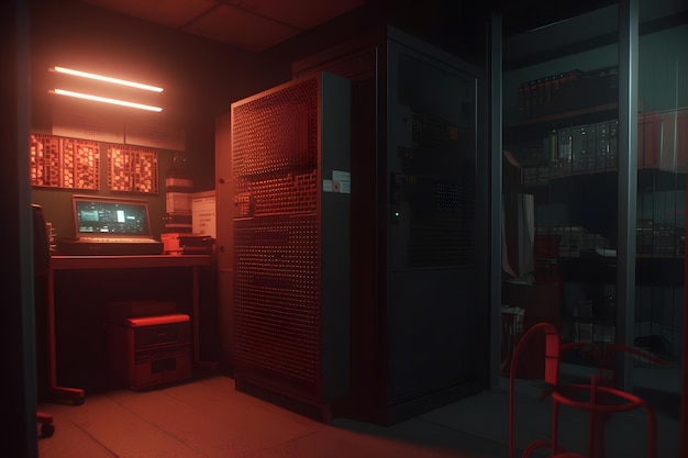 Photo data processing center server room in red light neural network ai generated art