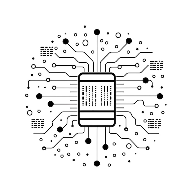 Photo data processing icon with network diagram and circuit lines