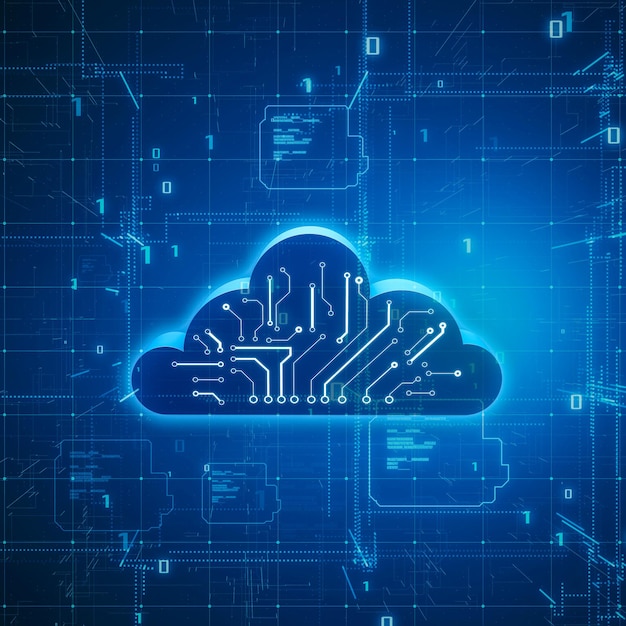 Photo data processing technology data storage and computing concept with digital cloud symbol with circuit scheme on dark blue abstract matrix technological background 3d rendering