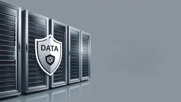 Photo data protection servers with shield graphics emphasizing security and privacy