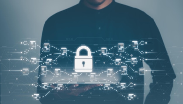 Photo data security system concept business man use laptop with security icon screen innovation technology cloud computing internet network communication