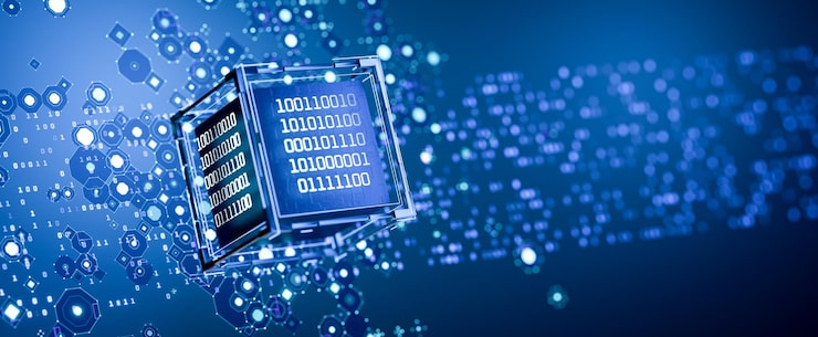 Data storage Artificial intelligence Abstract technical background Database Big data Binary code Hacker attack Quantum computer Computer code Digital technology AI 3D rendering