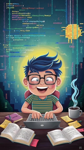 Photo delighted programmer with glasses using a computer