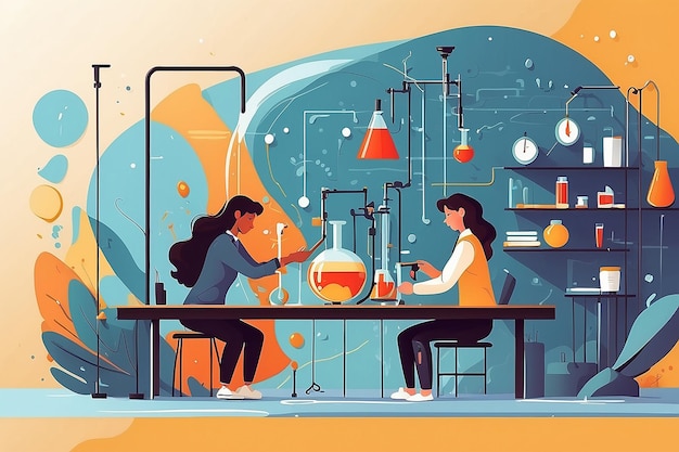Photo depict a physics lab with students conducting experiments on the principles of fluid dynamics vector illustration in flat style