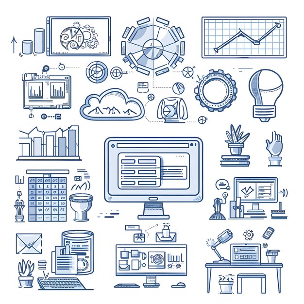 Photo designing developing and programming technologies illustrations collection of scenes at office