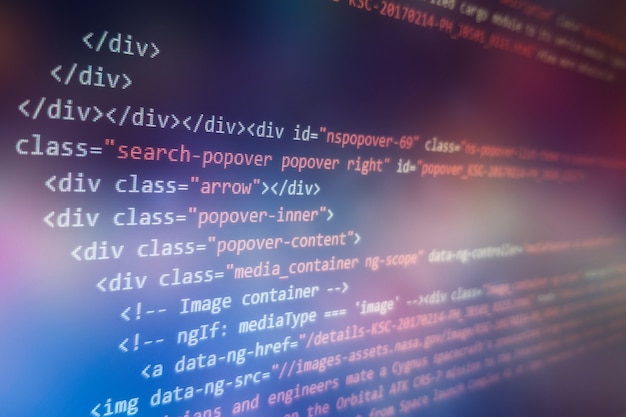 Photo desktop pc monitor photo. javascript functions, variables, objects. project managers work new idea. future technology creation process.