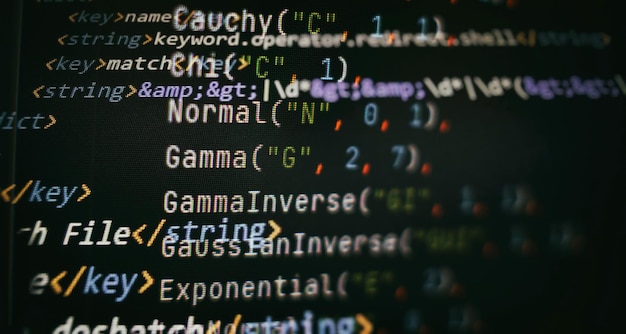 Photo desktop pc monitor photo. javascript functions, variables, objects. project managers work new idea. future technology creation process.