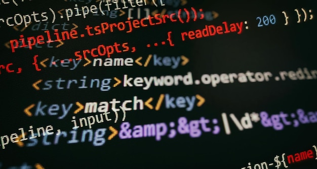 Photo desktop pc monitor photo. javascript functions, variables, objects. project managers work new idea. future technology creation process.