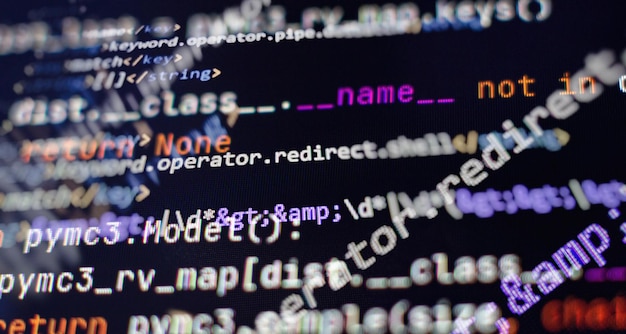 Photo desktop pc monitor photo. javascript functions, variables, objects. project managers work new idea. future technology creation process.