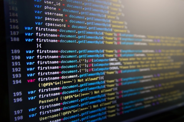 Photo desktop source code and wallpaper by computer language with coding and programming.