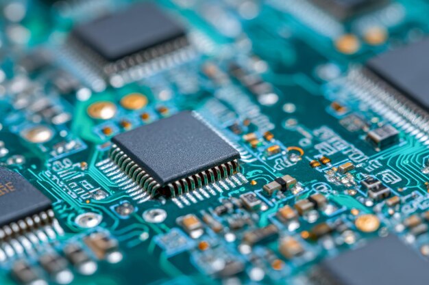 Photo detailed microchip and electronic components on a circuit board showcasing advanced technology and intricate design for digital devices and computing systems