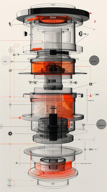 Photo detailed technical exploded view of a mechanical assembly with labels and annotations