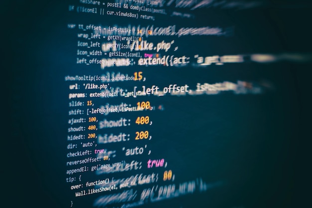 Photo developer programming code. abstract computer script code. programming code screen of software developer. software programming work time.