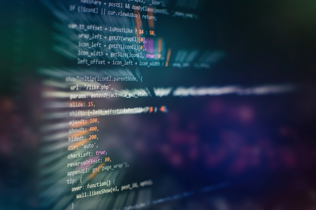 Photo developer programming code. abstract computer script code. programming code screen of software developer. software programming work time.